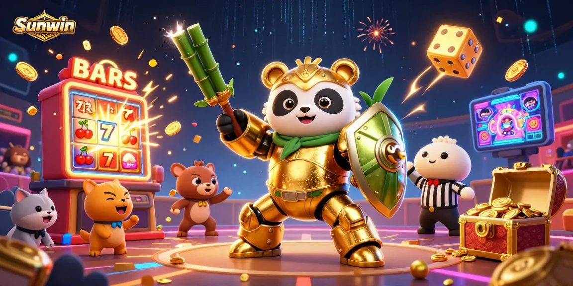 Experience thrilling wins with Sunwin in this dynamic casino scene featuring a golden panda and exciting slot elements.