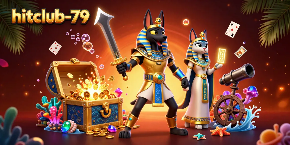 Experience thrilling gaming at hitclub-79 with Anubis and Bastet amidst treasures and vibrant casino elements.