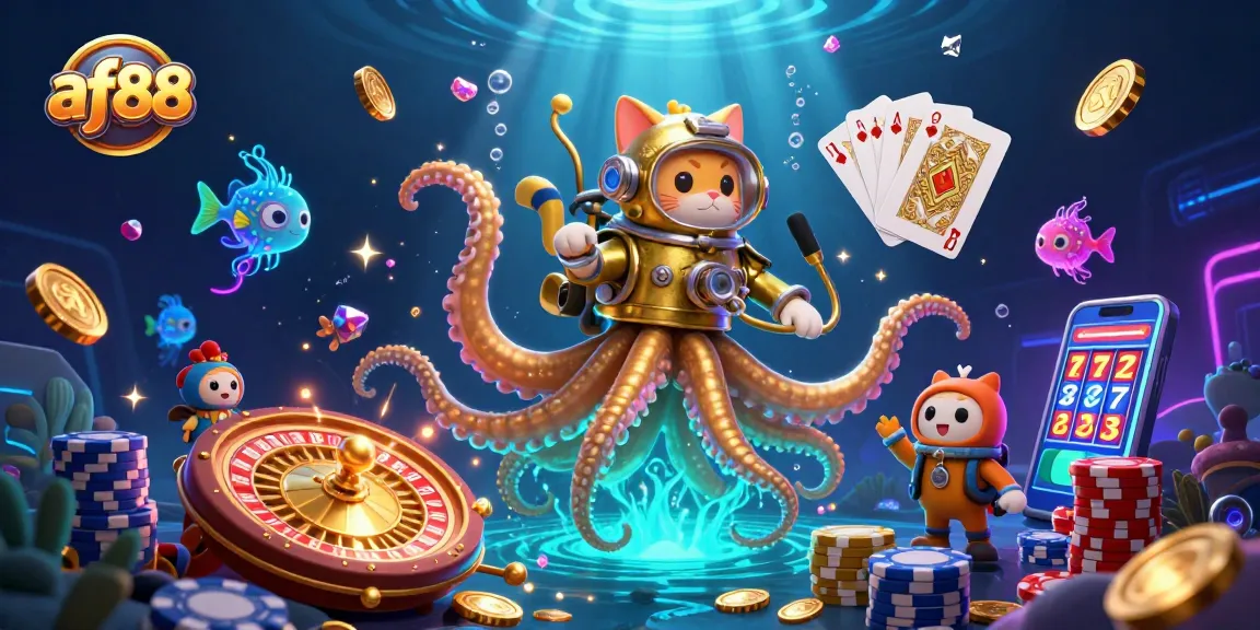 Win big at af88 with a thrilling 3D casino scene featuring a kraken, diving cat, and glowing treasures.
