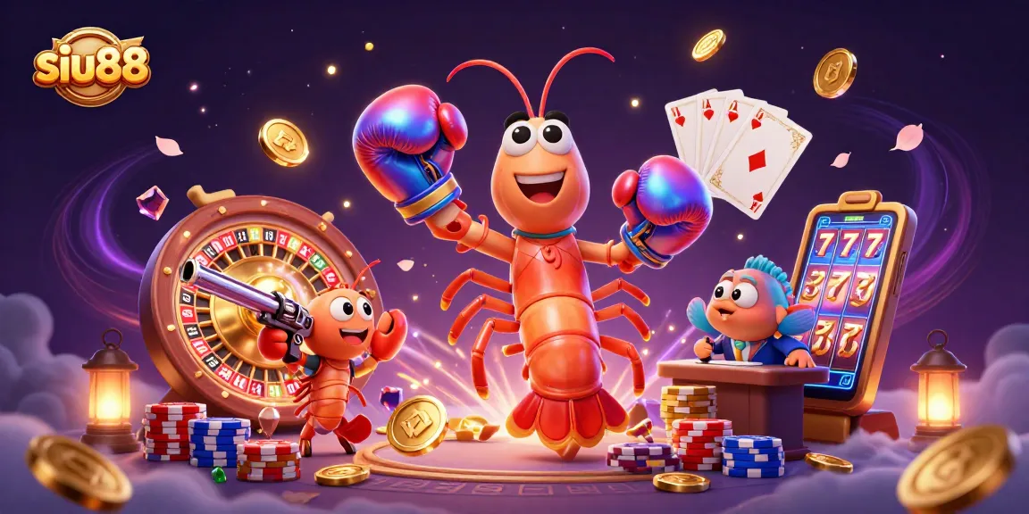 Siu88 offers players thrilling casino excitement with a mantis shrimp and friends amidst gold coins and spinning games.