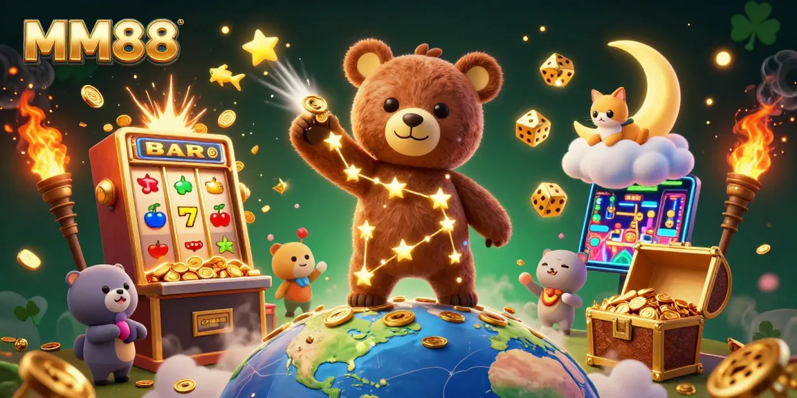 Engage with MM88's vibrant casino adventure, featuring a constellation bear, jackpot slots, and delightful gaming elements.