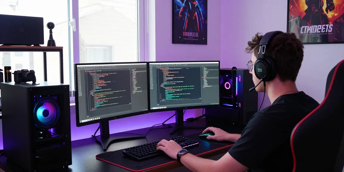 Person coding FiveM ESX Scripts in a vibrant gaming workspace with dual screens.