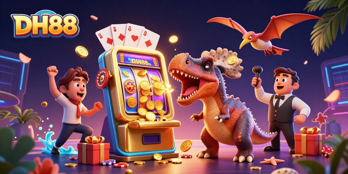 DH88 attracts players with a colorful scene of a dinosaur interacting with a slot machine amid flying coins.