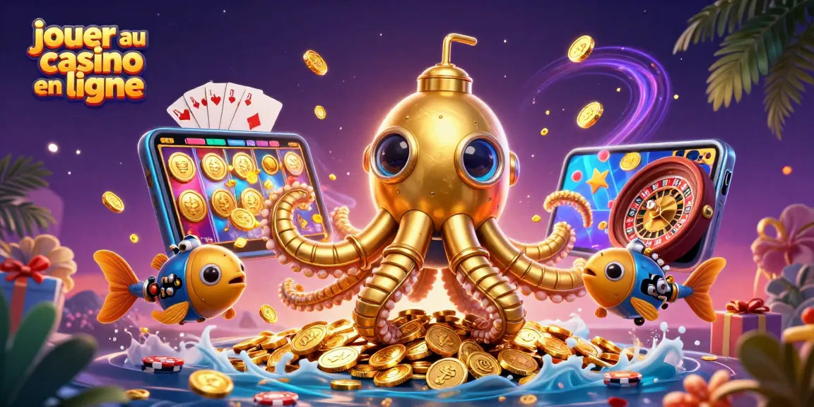 Jouer au casino en ligne avec le kraken sous-marin doré et des jeux de casino colorés.