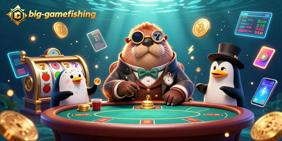 Engage in big-gamefishing with a jolly walrus in a poker showdown surrounded by vibrant gaming elements.
