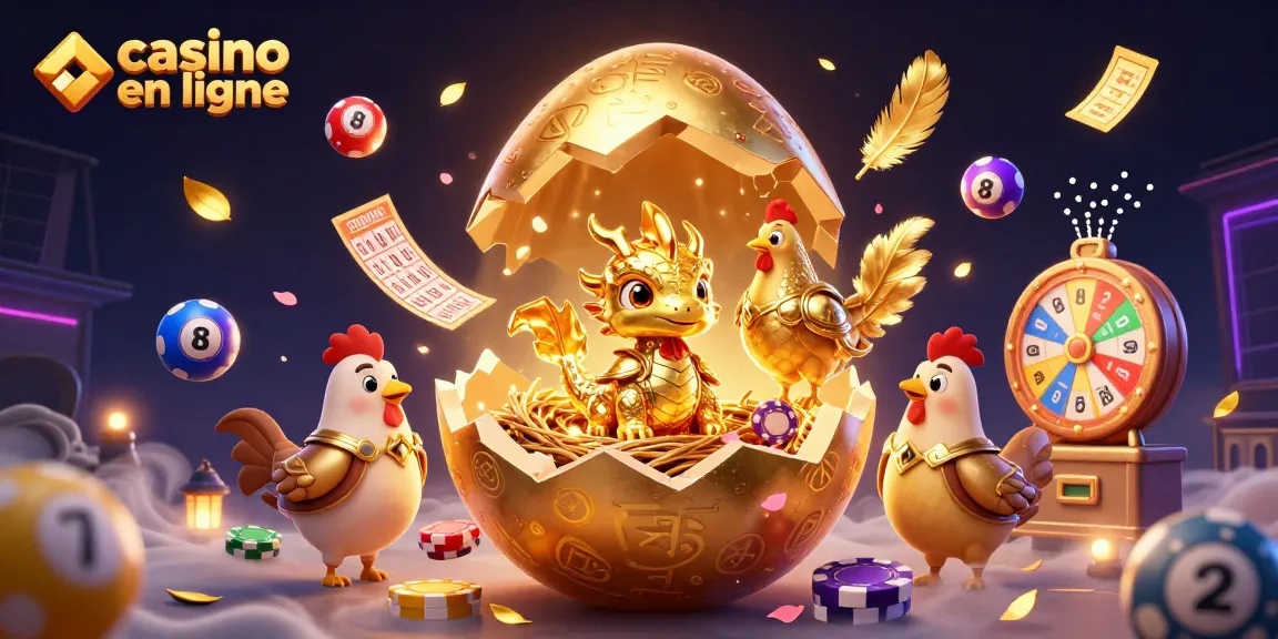 Jouez au casino en ligne avec un dragon doré et des éléments de loterie dynamique dans un univers vibrant.
