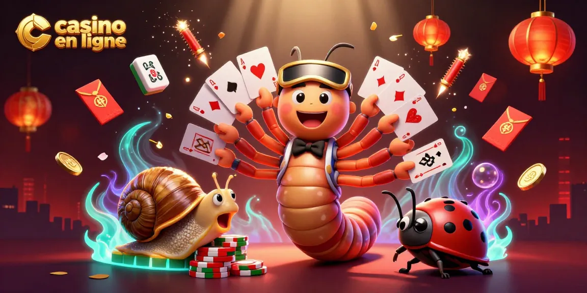 Illustration 3D d'un casino en ligne avec un mille-pattes dealer, un escargot joueur et un insecte-pillule.