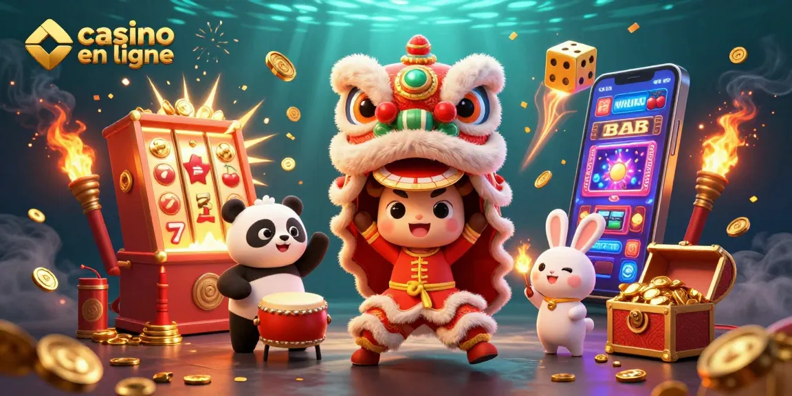 Jouez au casino en ligne avec un lion dansant et un panda battant des tambours explosant en pièces d'or.