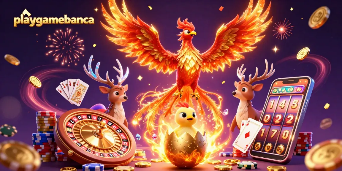 Playgamebanca showcases a dynamic casino scene with a phoenix, coins, and gaming elements.