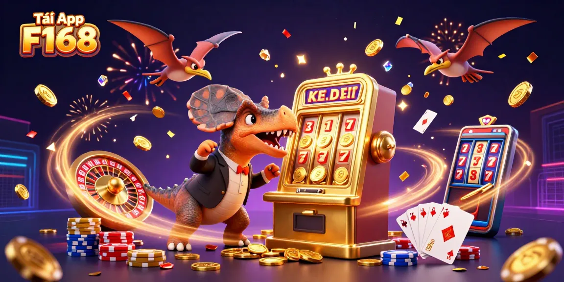Tải App F168 to experience exciting gameplay as a cartoon dinosaur wins jackpot coins from a golden slot machine.