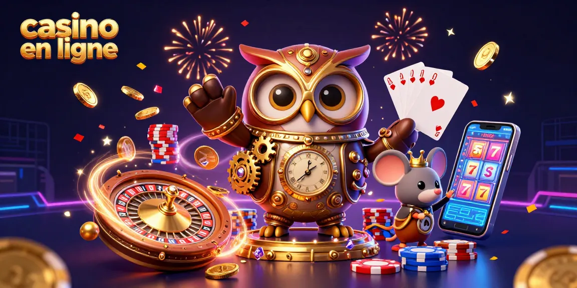 Un casino en ligne animé avec une chouette voyageuse et des éléments de jeu étincelants.