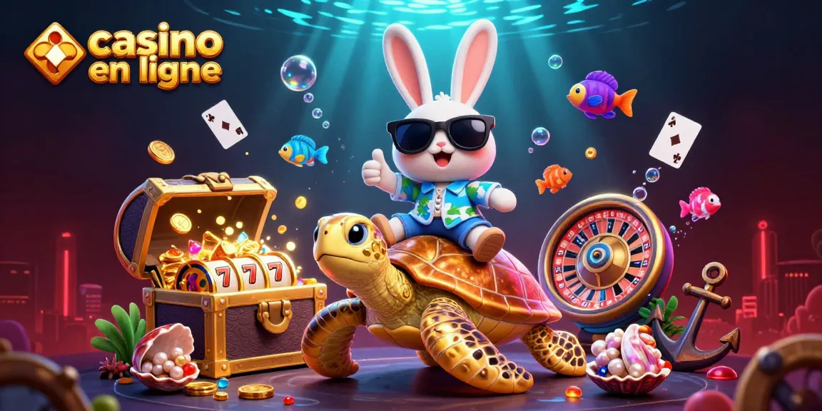 Jouez au casino en ligne avec notre gentil lapin chanceux et une tortue dorée, entouré de trésors lumineux.