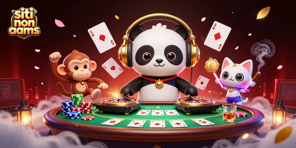 Scopri i migliori siti non AAMS con il DJ panda e i personaggi festanti in un'illustrazione vibrante.