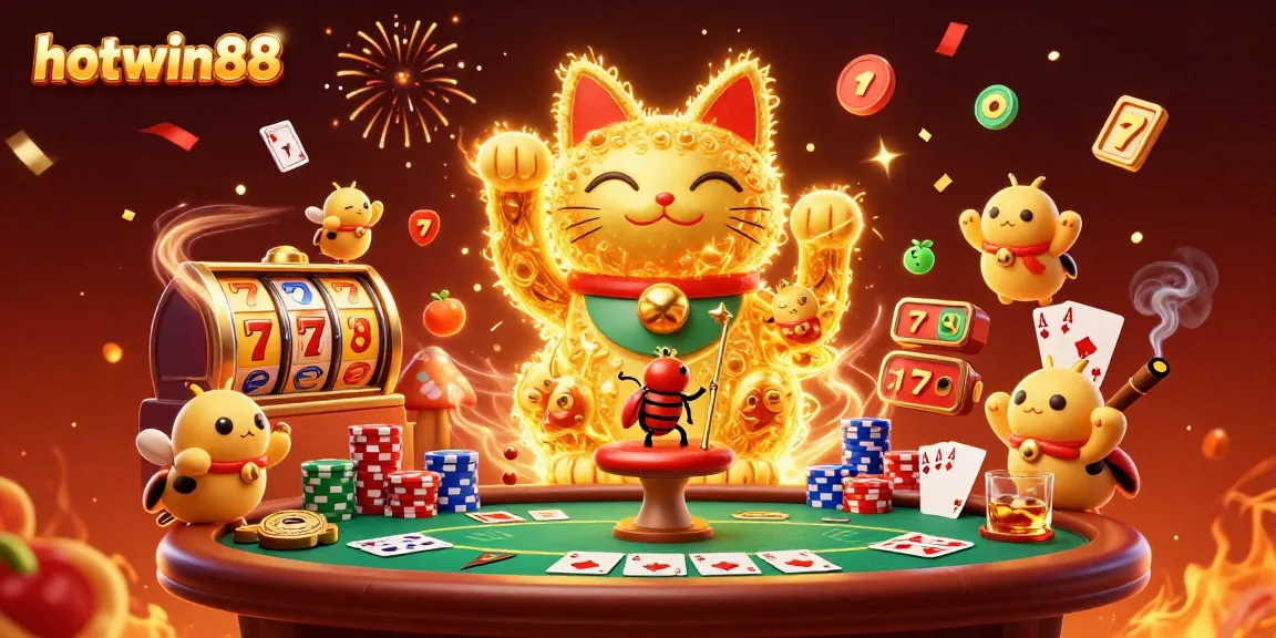 Experience hotwin88's vibrant online slots with a lucky cat and casino symbols raining down in celebration.