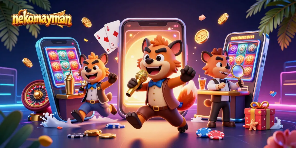 Experience the nekomayman thrill with casino hyenas enjoying slots, gold coins, and vibrant game elements.
