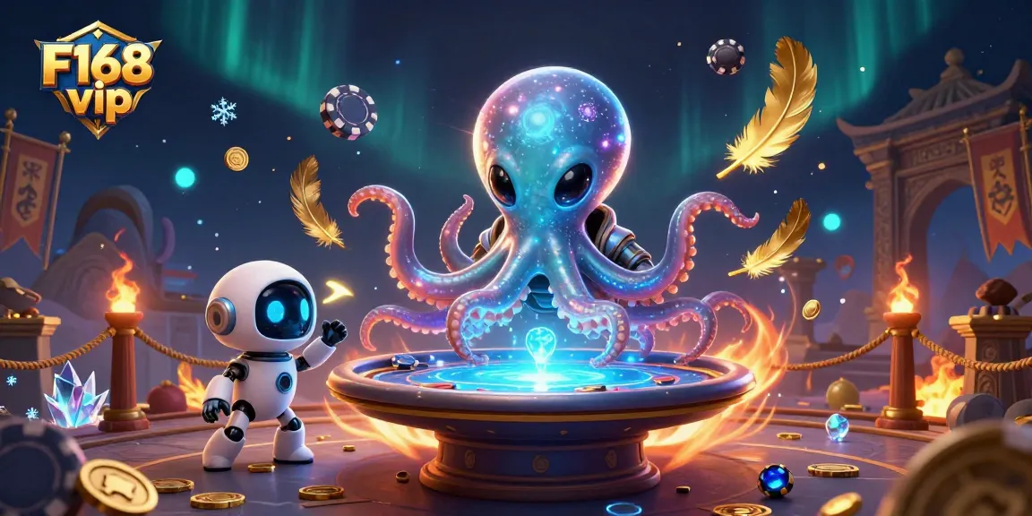 F168 vip showcases an alien octopus at a holographic poker table amid swirling cosmic elements.