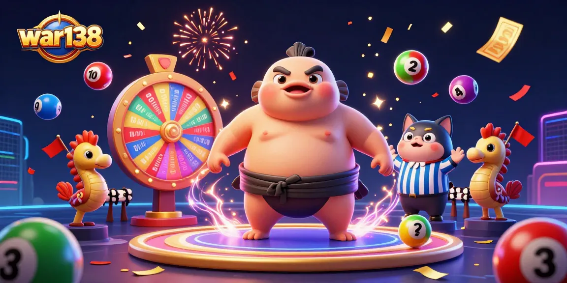 Exciting gameplay at war138 with dynamic lottery balls and festive characters in a vibrant casino scene.