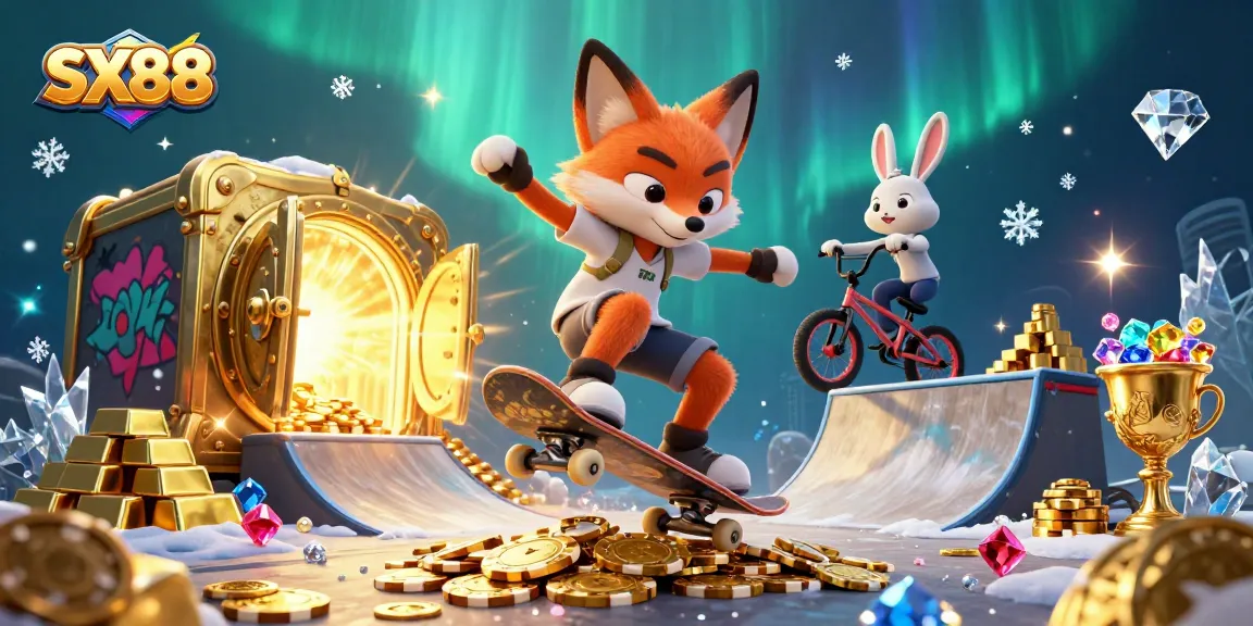 SX88 presents an exciting scene with a skateboarder fox, BMX rabbit, and casino symbols, showcasing vibrant sports and gambling energy.