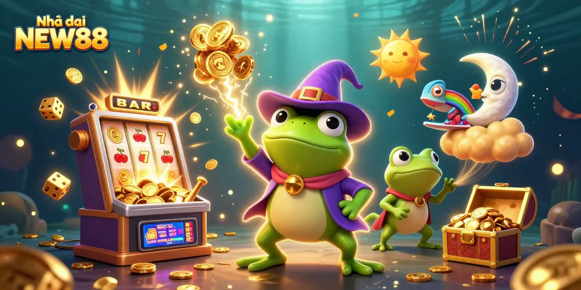 Experience the excitement of Nhà cái NEW88 as golden coins rain from a wizard frog, highlighting the casino gaming adventure.