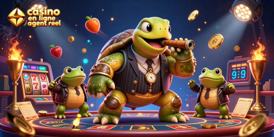 Jouez au casino en ligne argent réel avec cette illustration colorée d'une tortue et de grenouilles en costume, entourées d'éléments de jeux.