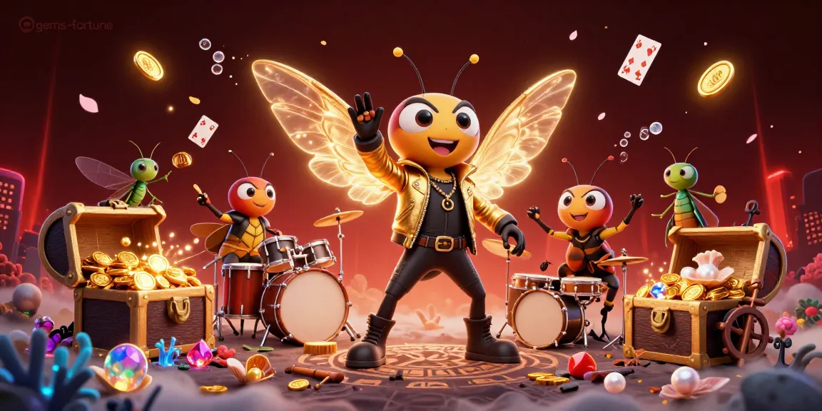 Engage with the gems-fortune treasure hunt featuring a vibrant 3D scene of a cartoon cicada rock star and lively casino elements.
