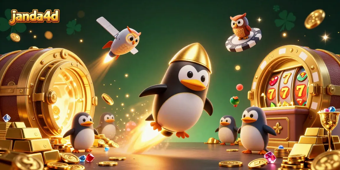 Slot permainan janda4d dengan penguin emas melawan latar belakang kasino bertema luar angkasa.
