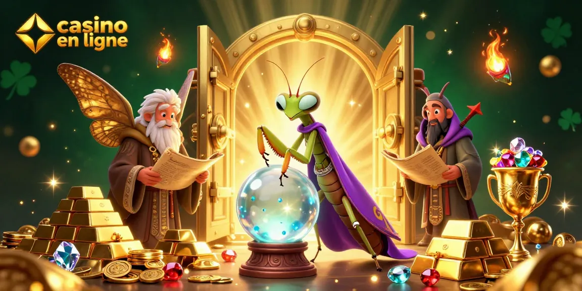 Plongez dans le monde du casino en ligne avec une illustration dynamique de jeux et trésors.