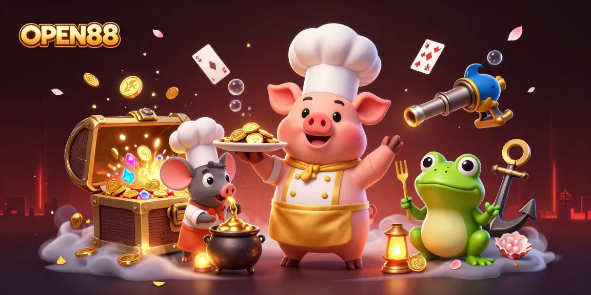 Experience winning excitement with OPEN88 in a vibrant casino scene filled with gold coins and playful characters.