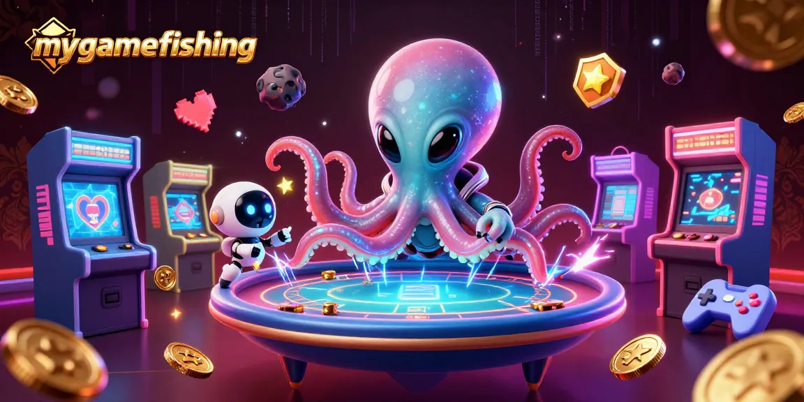 Experience the excitement of mygamefishing at a futuristic poker table with vibrant 3D elements!