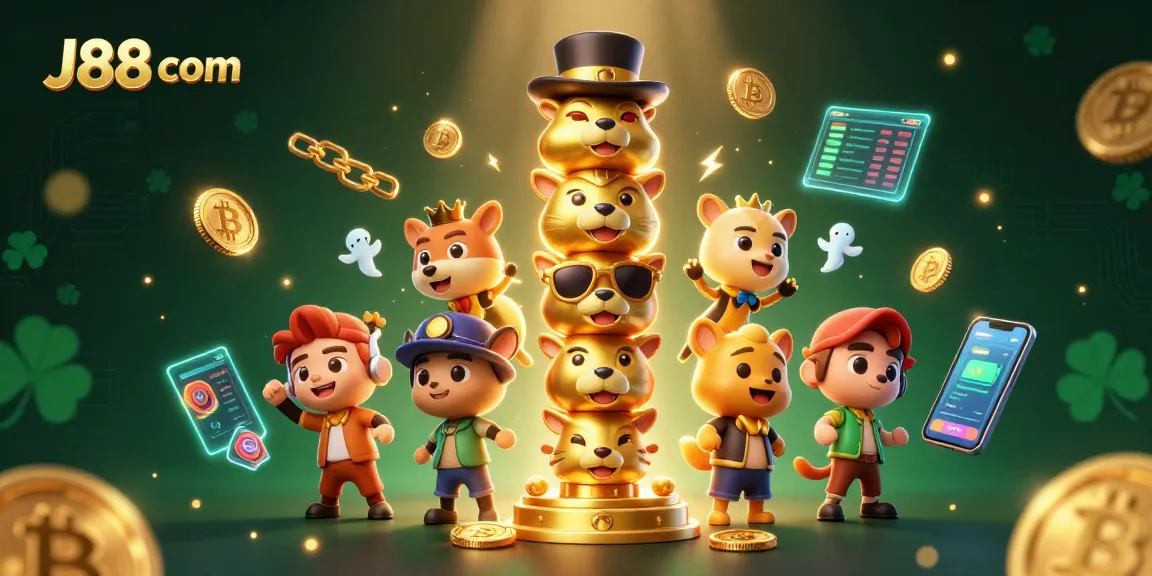 Spin the reels at J88 com with a colorful 3D totem pole showcasing casino vibes and crypto elements!