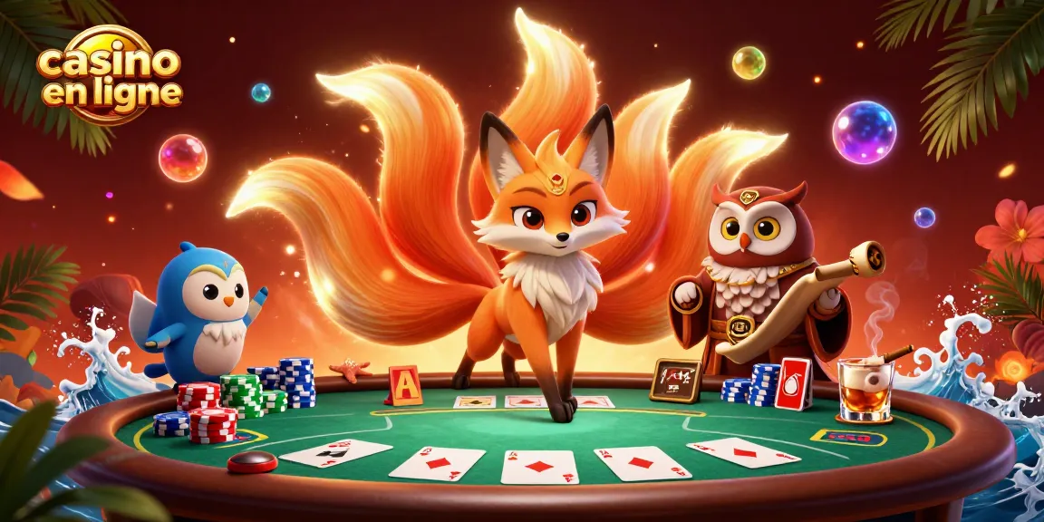 Jouez à casino en ligne avec une illustration colorée de poker et personnages emblématiques.