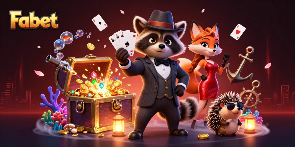 Fabet features a suave raccoon and a charming fox celebrating a royal flush in a vibrant casino scene.