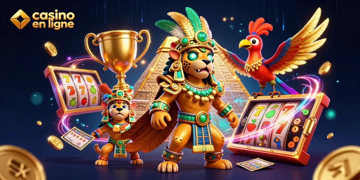 Jouez dans le casino en ligne avec une ambiance festive, soulignant un prêtre jaguar et des rouleaux de machines à sous.