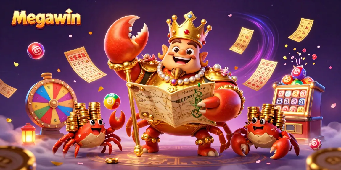 Megawin meraih jackpot dengan raja kepiting emas, kartu bingo, dan bola lotere.