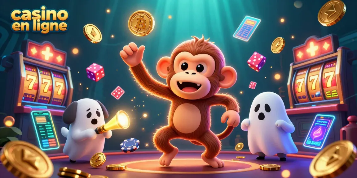 Illustration immersive d'un casino en ligne avec un singe farceur et un chiot chasseur de fantômes.