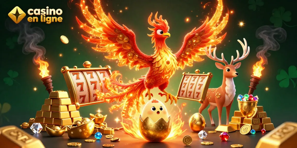 Embarquez dans l'univers du casino en ligne avec cette illustration captivante d'un phœnix en feu et de richesses.