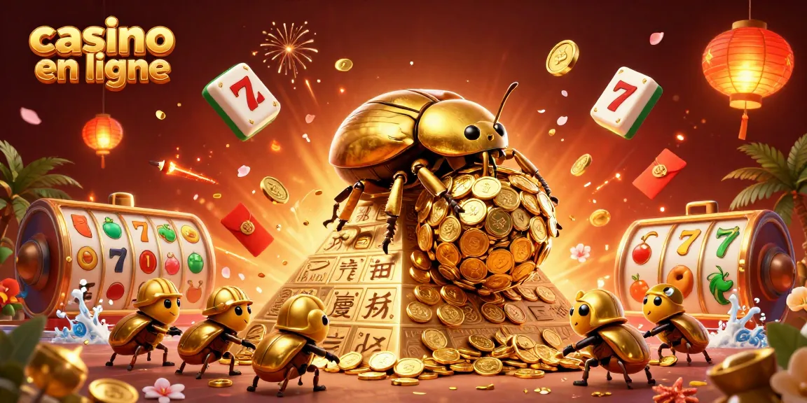Des personnages représentant un casino en ligne avec des scarabées dorés et des éléments de jeux de hasard.