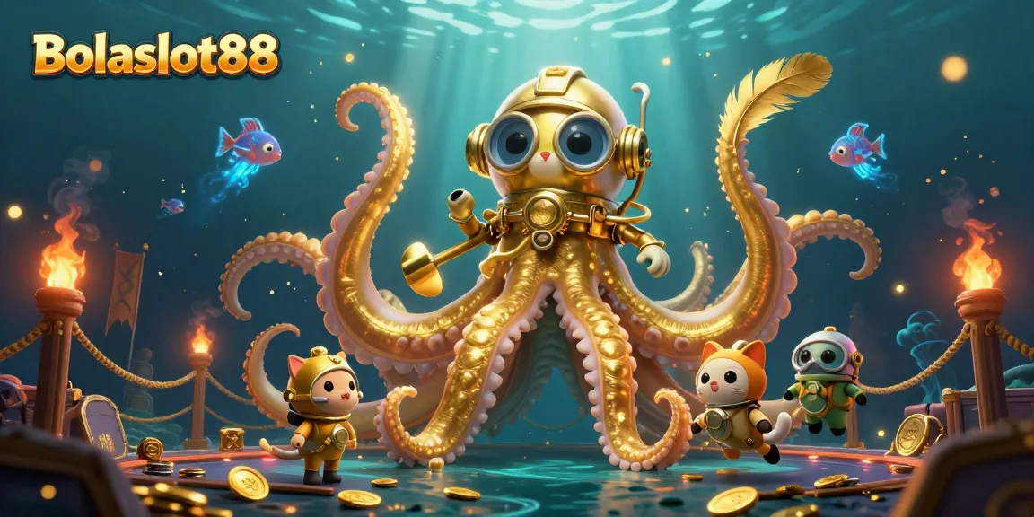 Bolaslot88 offers players a vibrant underwater casino adventure with a kraken and diving cat.