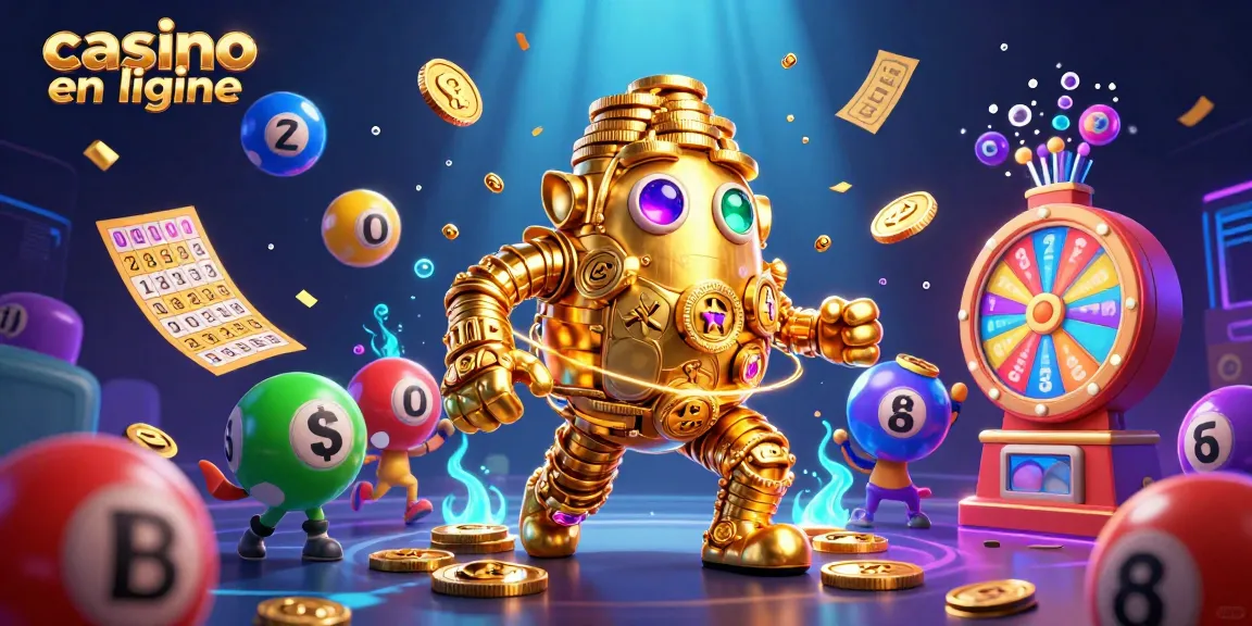 Illustration captivante de casino en ligne, avec un golem en or et des éléments de jeu dynamiques.