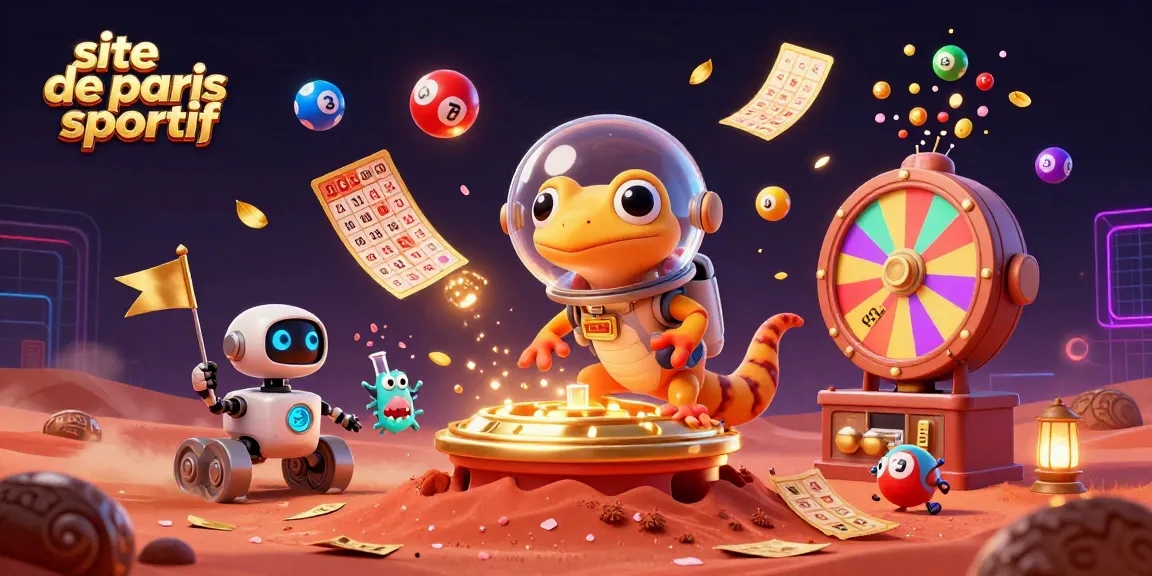 Vivez l'excitation sur le site de paris sportif avec un gecko martien découvrant un casino doré sur Mars.