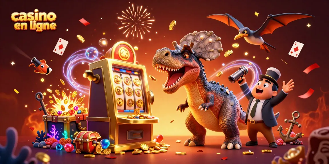 Illustration 3D dynamique de casino en ligne, dinosaures jouant à des machines à sous en or, capture de pièces d'or.