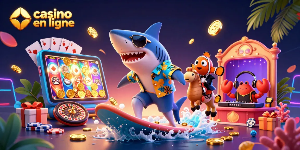 Vivez l'expérience d'un casino en ligne avec un requin et un poisson clown sur une vague de jetons d'or.