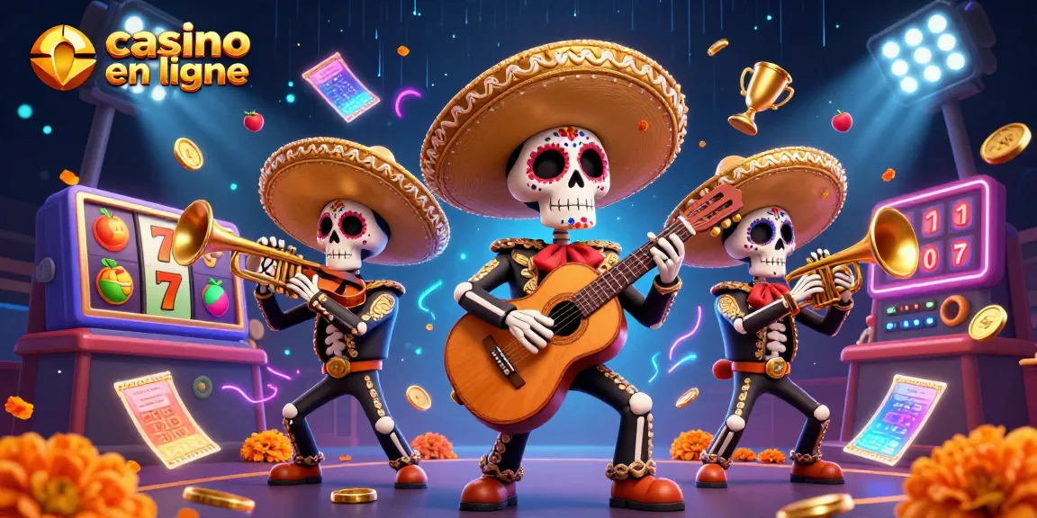 Découvrez le frisson du casino en ligne avec une scène animée de mariachi 3D et des machines à sous.