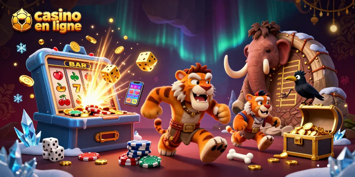 Casino en ligne avec un tigre à dents de sabre et un homme préhistorique jouant à des jeux.