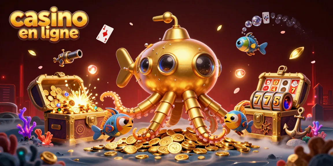 Explore les jeux de casino en ligne avec une scène vibrante mélangeant un kraken doré sous-marin et des éléments de jeu