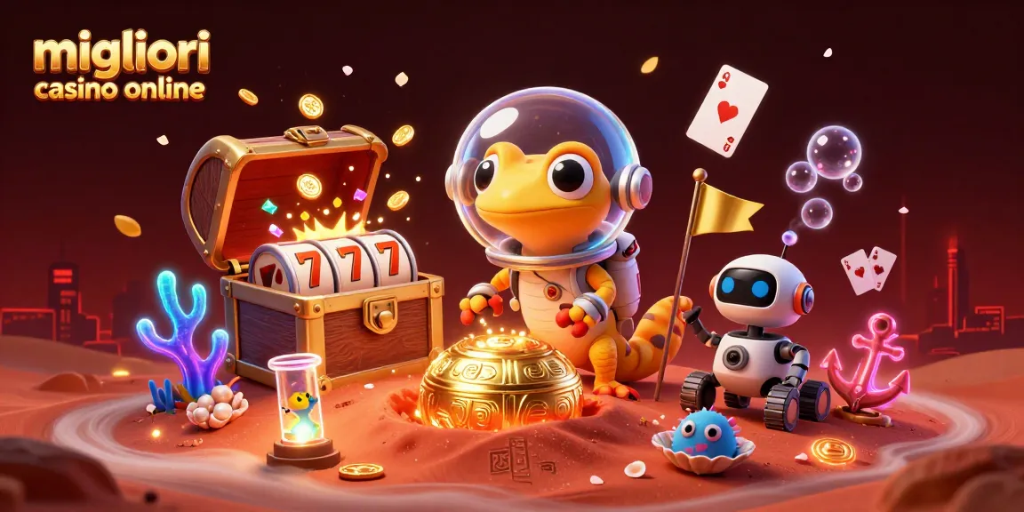 Scopri i migliori casino online con un gecko marziano in un'illustrazione dettagliata e divertente.