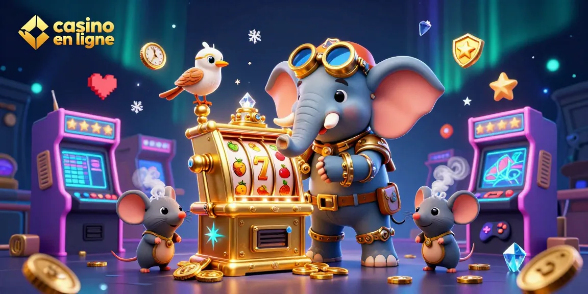 Jouer à des machines à sous dans un casino en ligne dynamique avec un éléphant ingénieur steampunk et des machines d'arcade colorées.