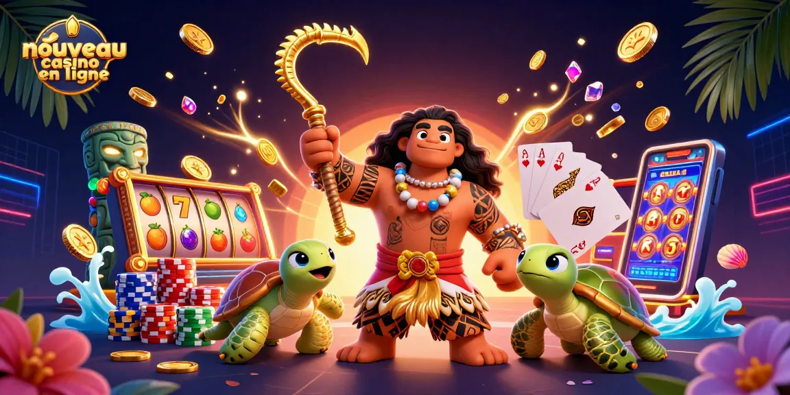 Illustration dynamique d'un nouveau casino en ligne avec un dieu Maui cartoon et une tortue, symbolisant le jeu responsable.