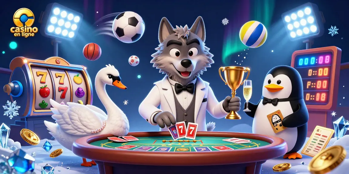 Le casino en ligne illustré avec un loup élégant, un cygne, et un pingouin, parmi des éléments de jeu riches.