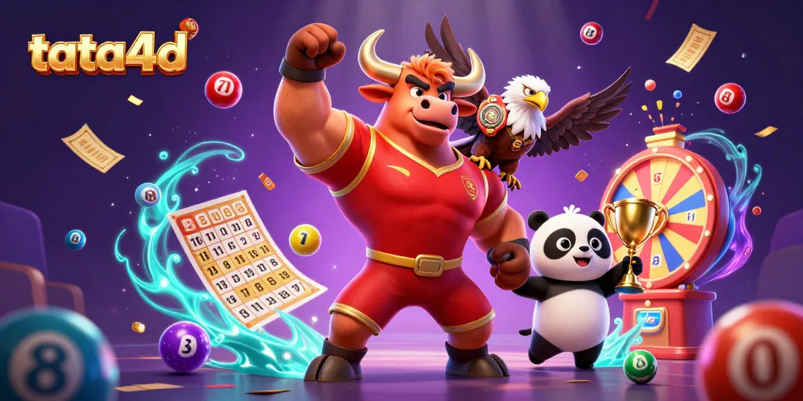 Experience wins with tata4d as a muscular bull mascot celebrates in a vibrant casino scene.